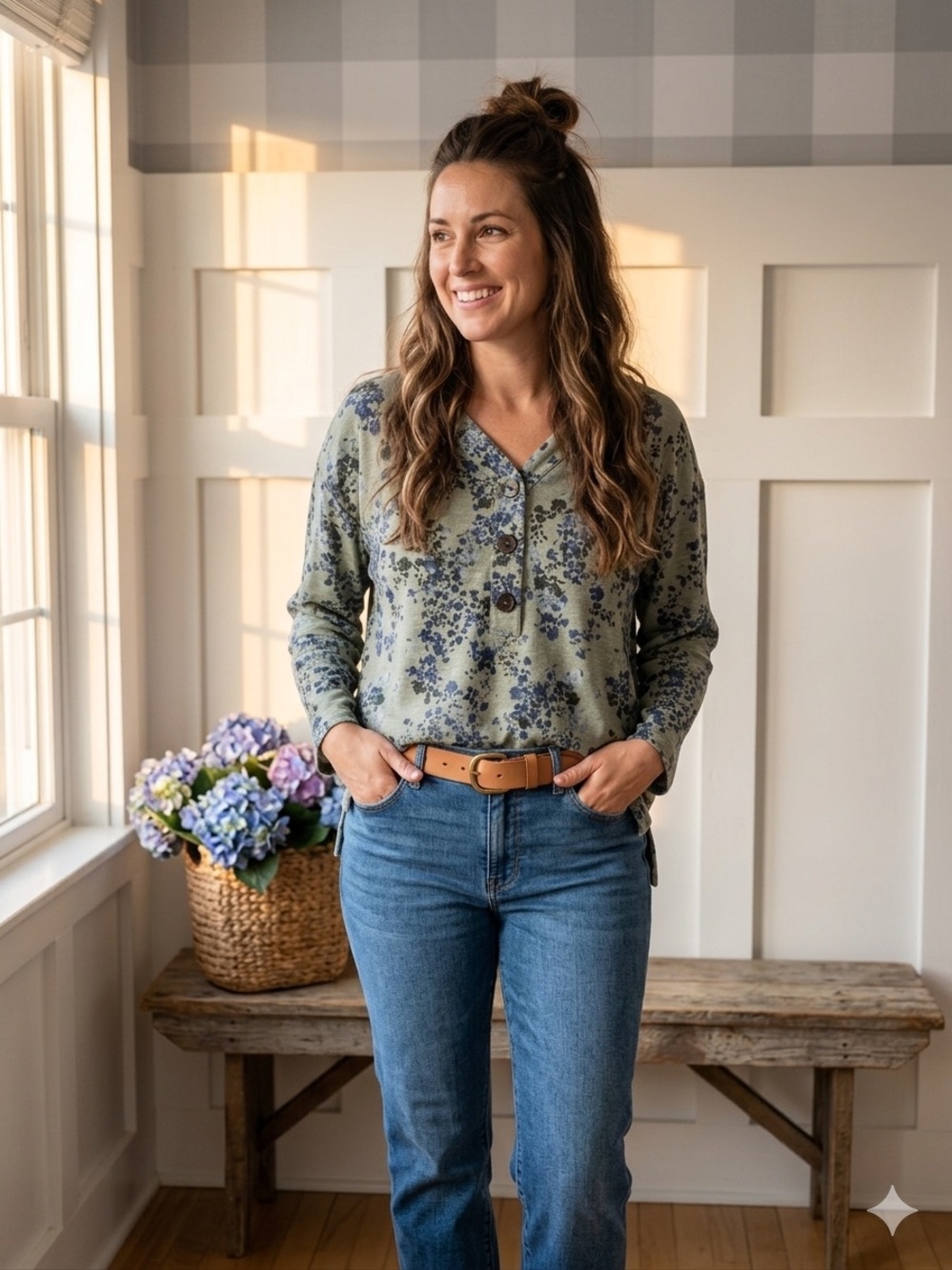 J. Jill Olive Green‎ Floral Henley Top with Navy Print Medium